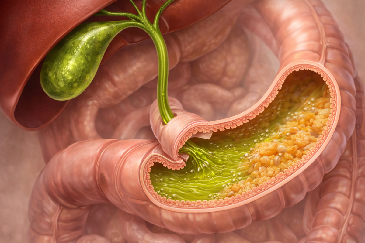 На изображении показан физиологически корректный путь желчи в организме. Желчь вырабатывается в печени постоянно, затем накапливается и концентрируется в желчном пузыре. В ответ на приём пищи, особенно содержащей жиры, желчный пузырь сокращается, и желчь по желчному протоку поступает в двенадцатиперстную кишку — начальный отдел тонкого кишечника. Здесь она не «промывает» кишечник и не течёт непрерывным потоком, а дозировано выделяется, смешивается с пищевым содержимым и выполняет свою ключевую задачу: эмульгирует жиры, активирует пищеварительные ферменты и участвует в выведении из организма избыточного холестерина и продуктов обмена. Это фоновый, непрерывный процесс, который происходит каждый день, даже когда мы о желчи не думаем. Фото: Хатуна Колбая 