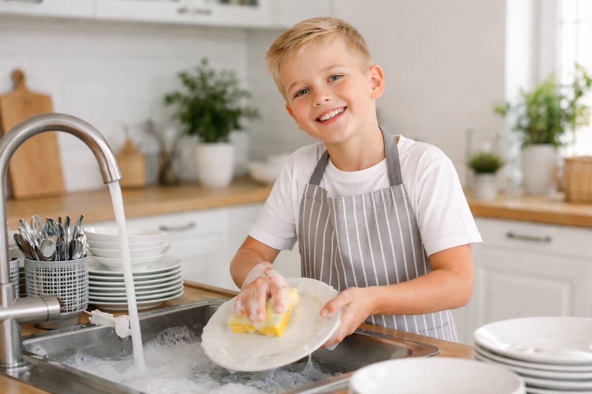 Мальчик перемыл гору посуды