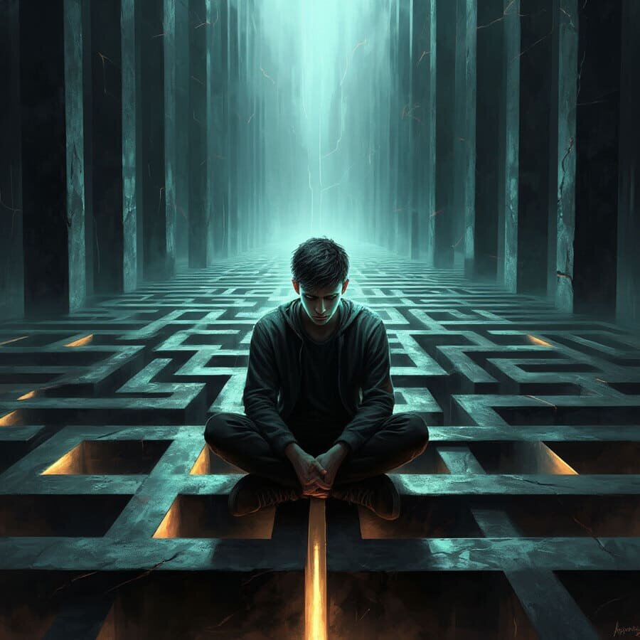Визуальная метафора психологических ловушек: человек, запертый в лабиринте собственных тревожных мыслей.
