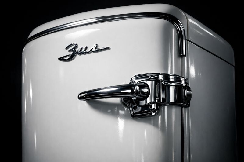 Легендарный советский холодильник ЗИЛ с хромированной ручкой крупным планом.