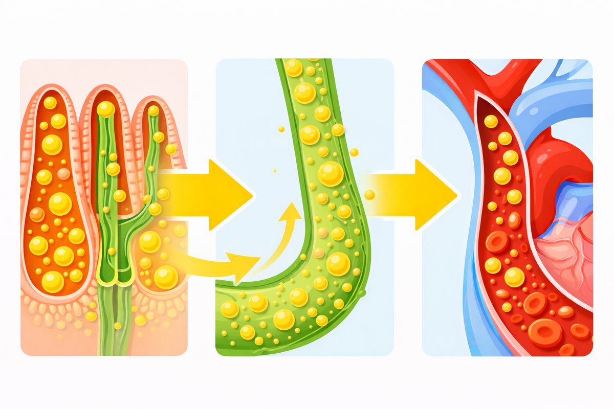 Пищевые жиры всасываются в тонком кишечнике не напрямую в кровь. (1) Внутри кишечных ворсинок находятся лимфатические капилляры — лактeалы. Именно в них жировые частицы попадают в первую очередь, образуя лимфу, насыщенную жирами. (2) Далее эта лимфа продвигается по лимфатическим сосудам вверх, собираясь в крупные протоки, и лишь затем (3) впадает в венозный кровоток у основания шеи. Так организм транспортирует жиры: сначала через лимфатическую систему, и только потом — в кровь. Фото: Хатуна Колбая 