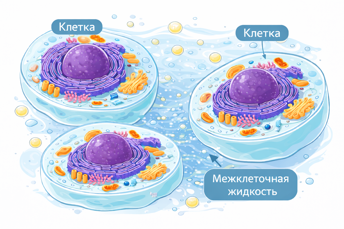 Это «рабочая среда» ткани: через неё клетки получают кислород, воду и питательные вещества и в неё же отдают продукты обмена. Именно из межклеточной жидкости вещества дальше попадают в кровь и лимфу, поэтому её состояние напрямую влияет на питание клеток, выведение отходов и общее самочувствие организма. Фото: Хатуна Колбая 