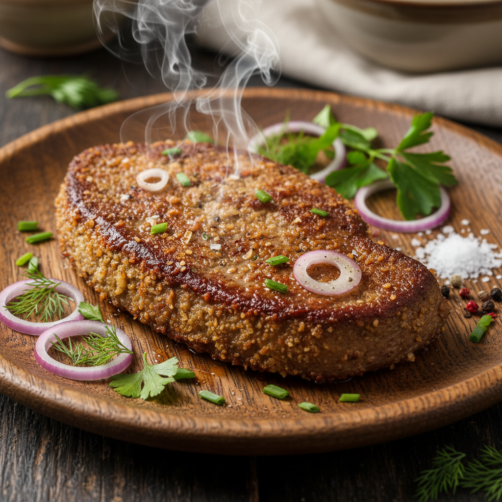 Готовое блюдо: аппетитная телячья печень с луком и свежими травами