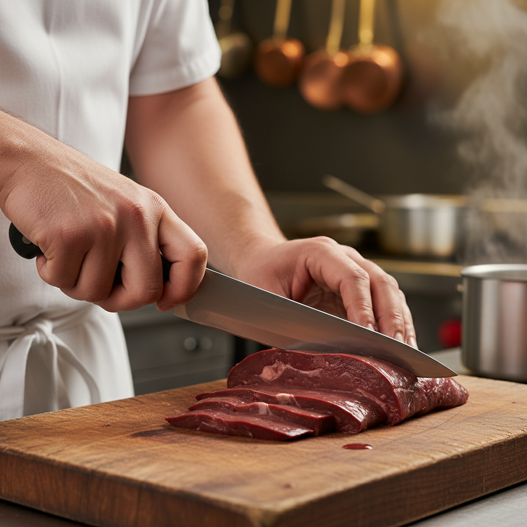 Лучший способ нарезки — поперёк волокон тонкими пластинами