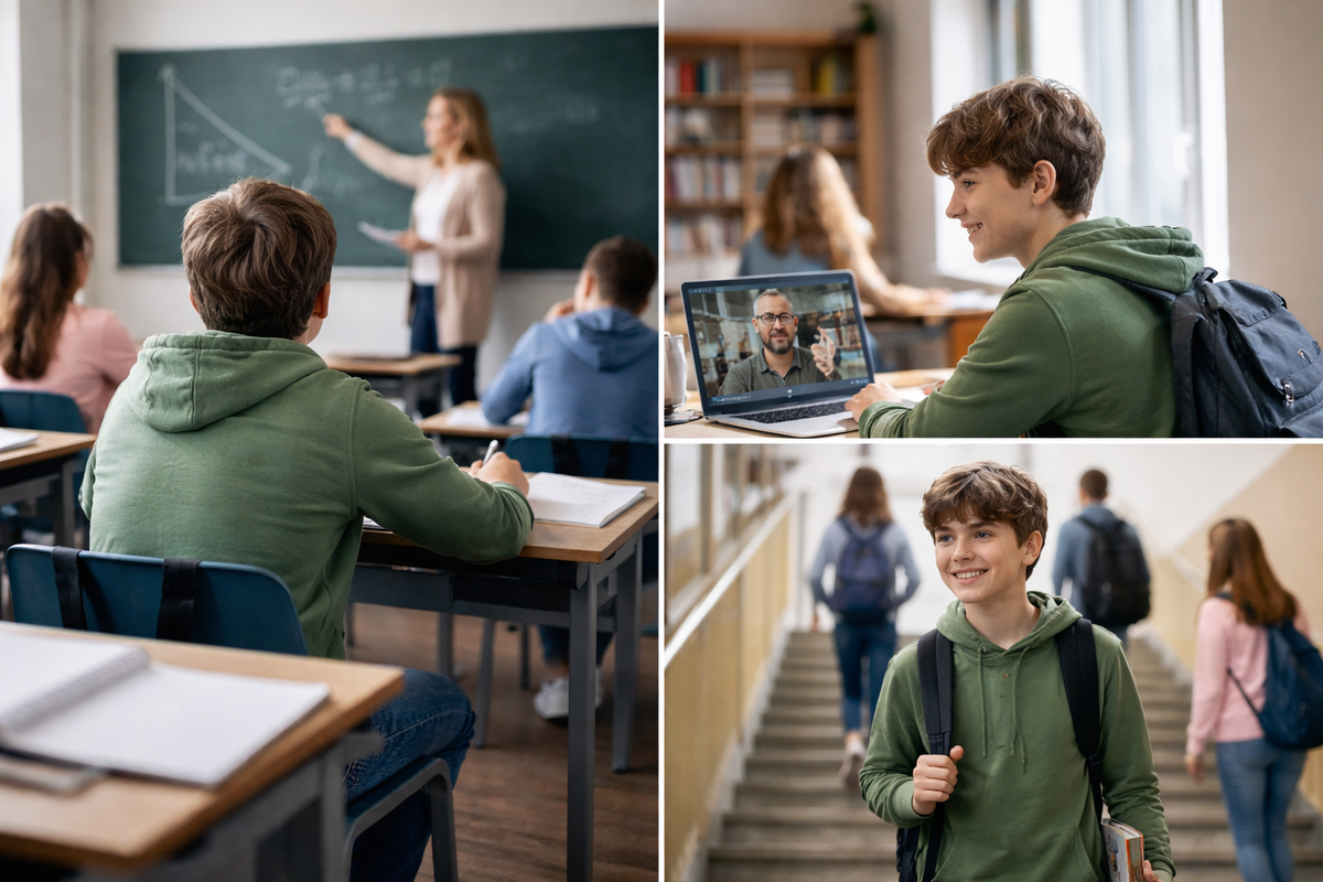 Школьник в шлассе сидит тихо у доски учитель объясняет урок