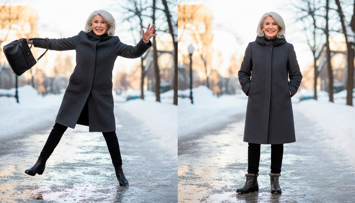 Две реальности одной женщины. Слева - риск перелома на каблуках. Справа - уверенность в правильной обуви. Красота не требует жертв, если знаешь, что выбирать!