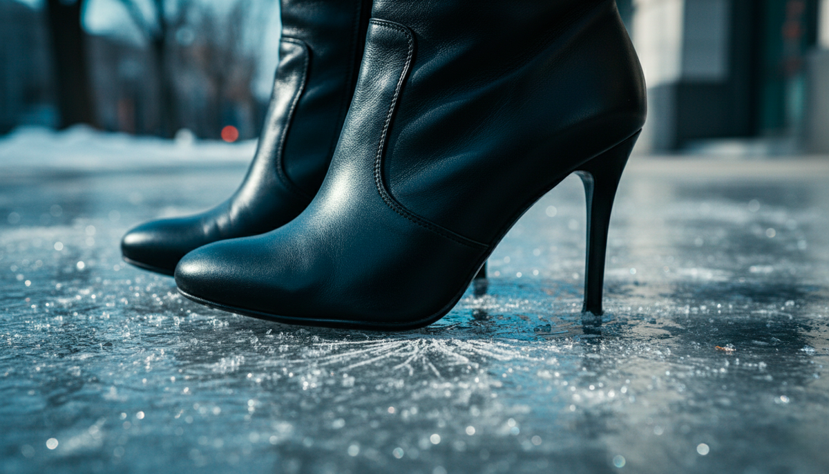 Ботильоны на шпильке - красиво, но смертельно опасно на льду. Площадь опоры крошечная, любая льдинка превращается в каток. После 60 так рисковать нельзя.