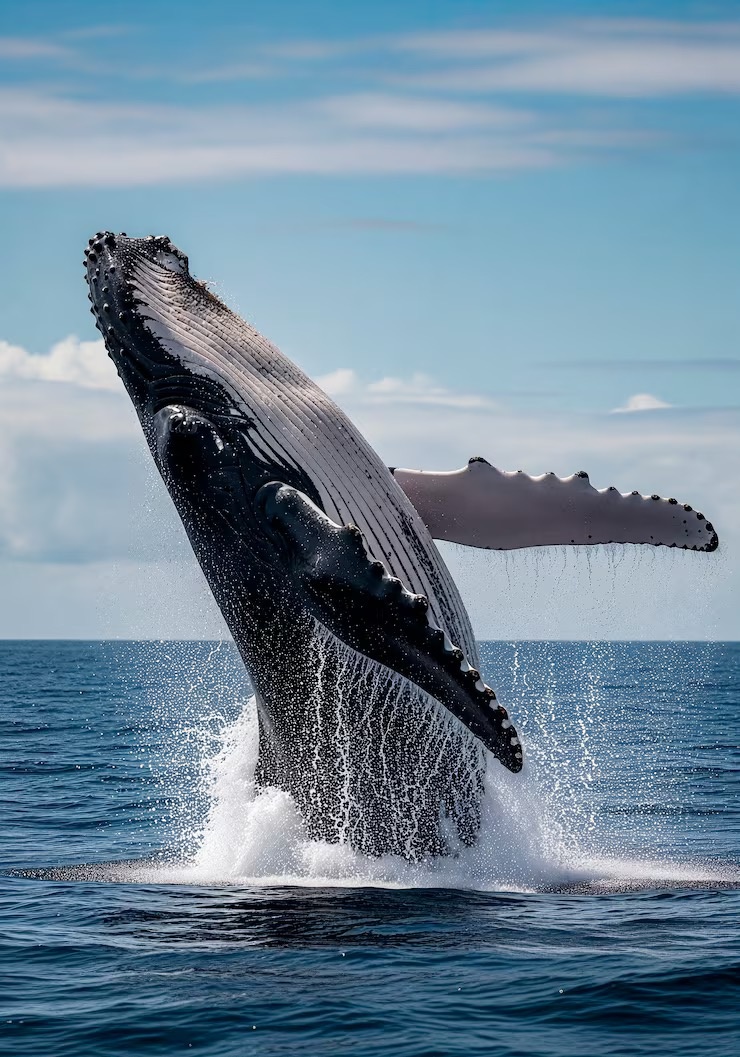 Горбатый кит во всей красе. Очень активный, любит выпрыгивать на поверхность и бить хвостом по воде.