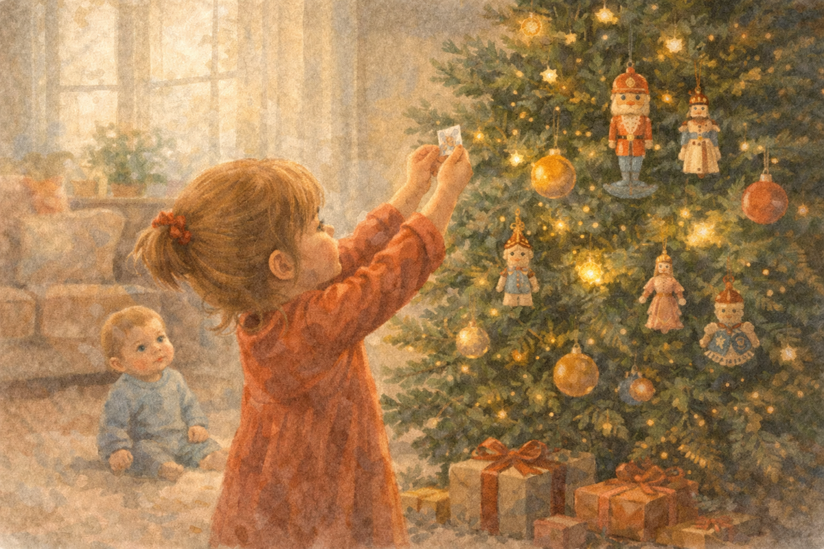 Варя проверяет — можно ли уже ждать.
Ёлка молчит, но будто понимает.