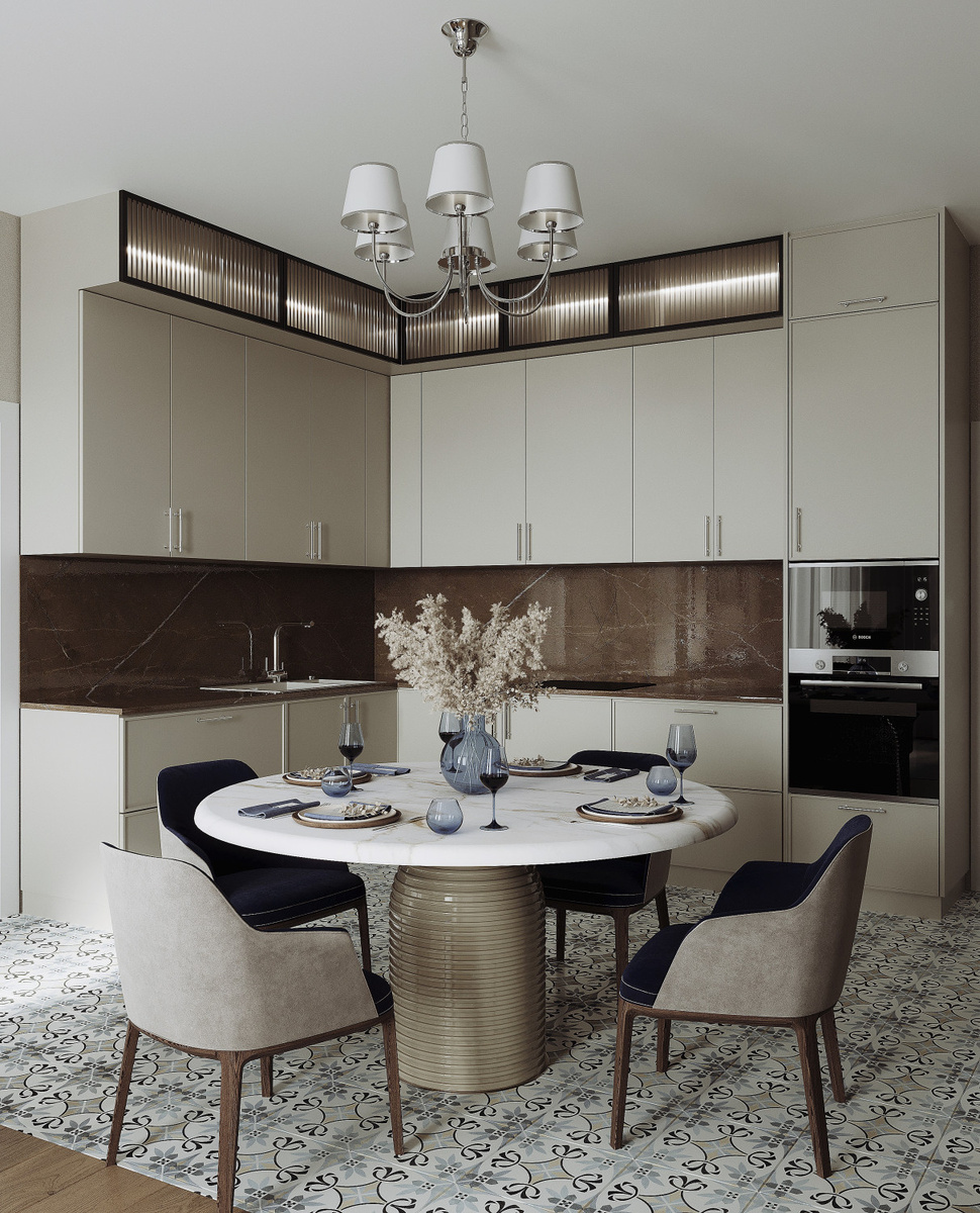 Глянец столешницы не выглядит вызывающе благодаря сложному природному рисунку камня и ограниченной площади применения. Дерево (доска пола, ножки) выступает тёплым медиатором между холодным камнем и нейтральными стенами. Интерьер 4-х комнатной квартиры, стилист Наталья Болдырева