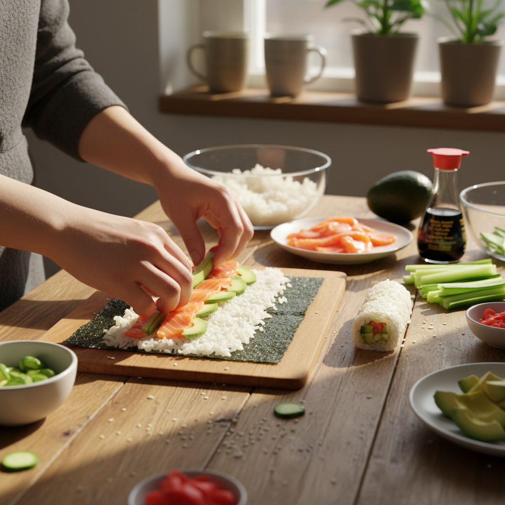 Процесс приготовления домашних роллов без специальных инструментов