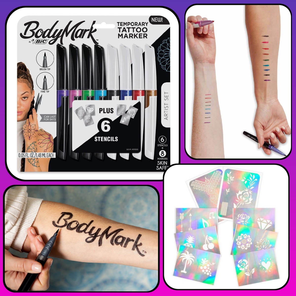 Тату-маркеры «BodyMark» выпускаются наборами по 3, 4, 6, 8 штук. Приятный бонус - в набор входят трафареты, если с художественной импровизацией у вас не очень)))