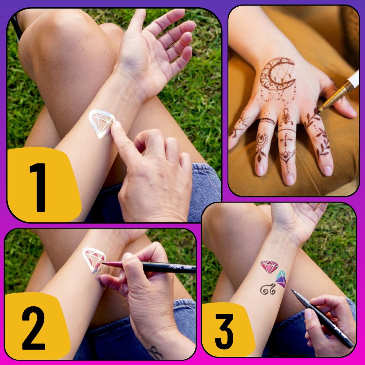 Пользоваться тату-маркерами легко: наклеили трафарет, разрисовали фугуру, добавили деталей от себя, отклеили, просушили, и вот у вас уже новая татуха!