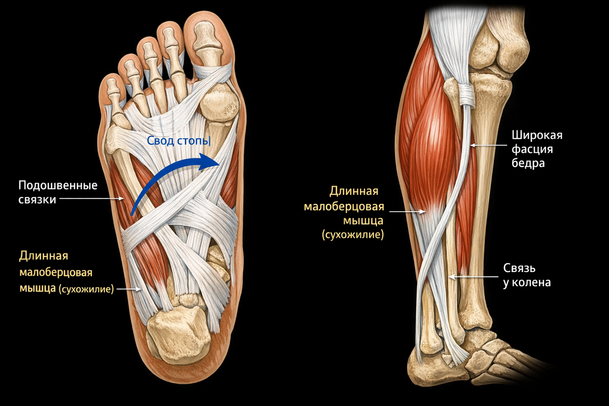 Наше тело — единая система, и работа ягодиц начинается… со стоп 👣
Именно состояние стоп напрямую влияет на то, насколько качественно включаются ягодичные мышцы в движении.
🔹 Свод стопы и его роль
В приподнимании свода стопы активно участвует длинная малоберцовая мышца.
Она начинается у внутреннего края стопы, проходит снизу через всю стопу и далее уходит через наружный край, поднимаясь по боковой поверхности голени⬆️
На уровне колена она соединяется с волокнами широкой фасции бедра, формируя важную функциональную цепь.

