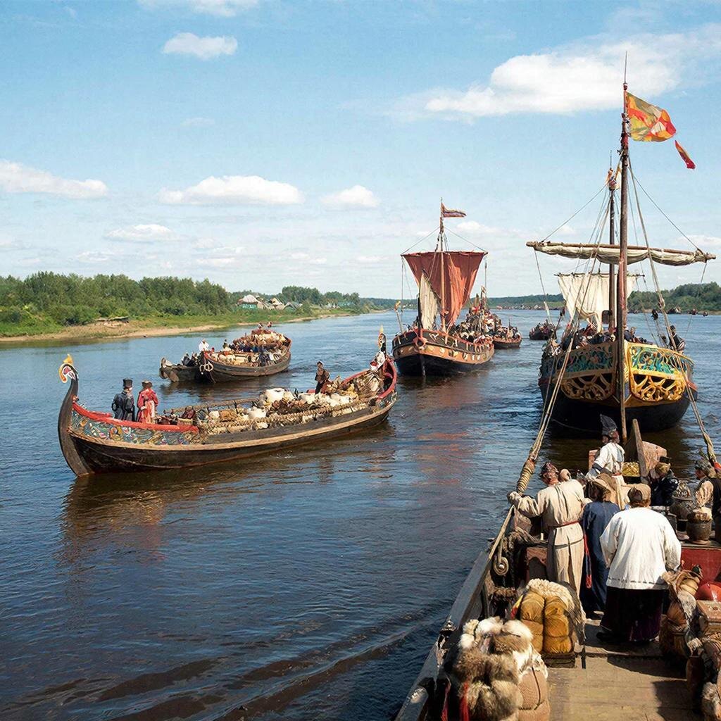 Караваны купцов на реке.