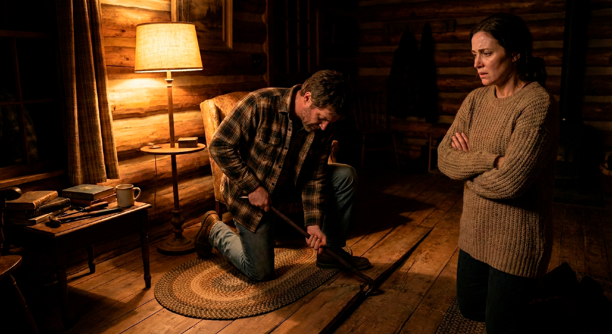 Ночная сцена в комнате, но с теплым светом торшера. Мужчина с монтировкой или топором стоит на коленях и отдирает половицу. Рядом стоит испуганная женщина в пижаме, прикрыв рот рукой. Атмосфера напряжения.