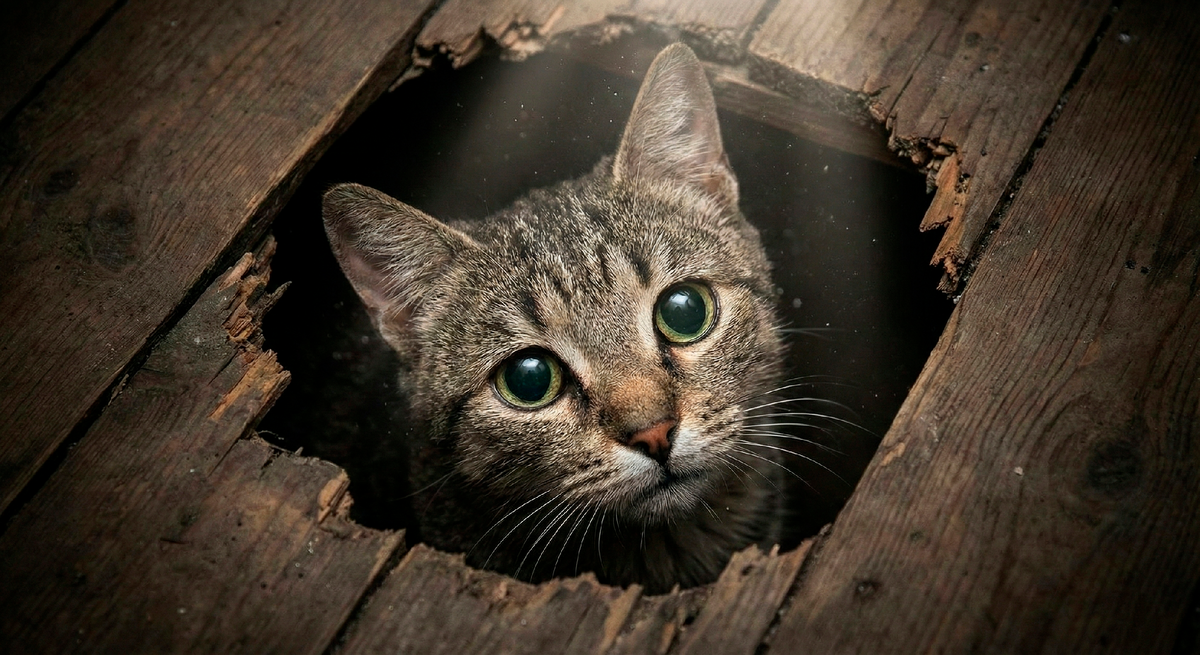 Крупный план дыры в полу. Оттуда выглядывает грязная, испуганная морда кота (или вид сверху на кота в подвале). Видны его огромные глаза, полные мольбы. Свет от фонарика падает на него.