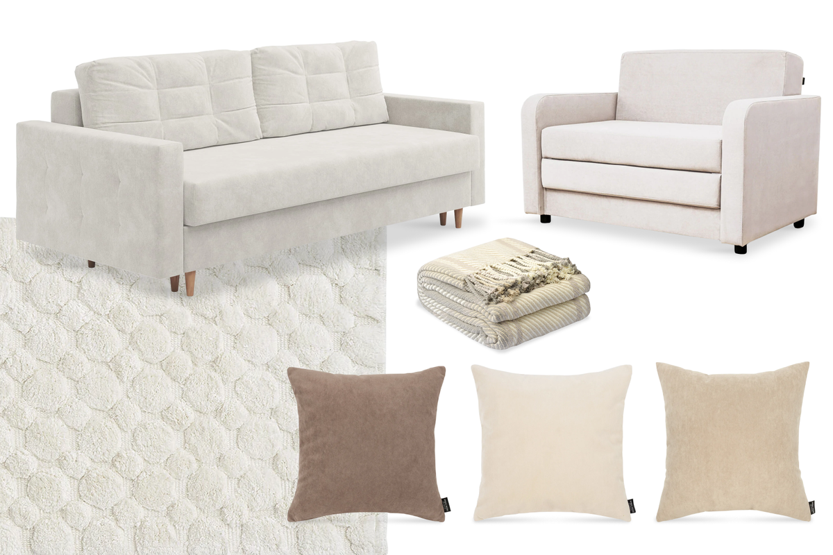 Сделайте диван в цвете Cloud Dancer центром композиции. Рядом поставьте кресло на тон темнее: оно будет работать как акцент, не позволяя светлой гамме раствориться в пространстве. Текстиль выстраивайте по принципу градиента: подушки от белоснежного до кофе с молоком, покрывало — оттенка топленого молока, ковер — цвета слоновой кости.