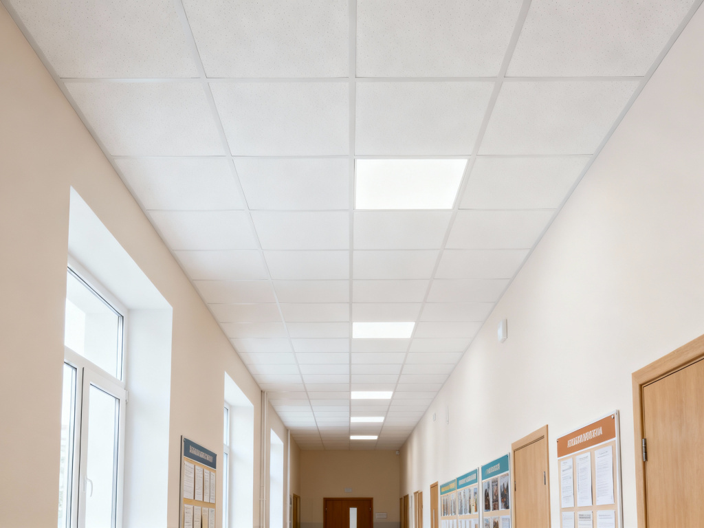 Школьный коридор с подвесным потолком Xellma: отличная акустика, светоотражение и гигиена.
