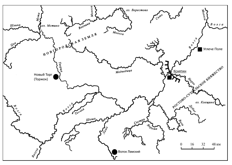 Карта из статьи П.Д. Малыгина и С.В. Богданова «ЭТАПЫ ОКНЯЖЕНИЯ ВЕРХНЕВОЛЖЬЯ В XII – НАЧАЛЕ XIII века».  