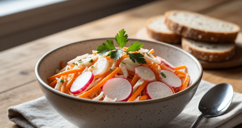 Салат из редьки с морковью - бодрящая закуска, которую в русских домах подавали к сытному столу