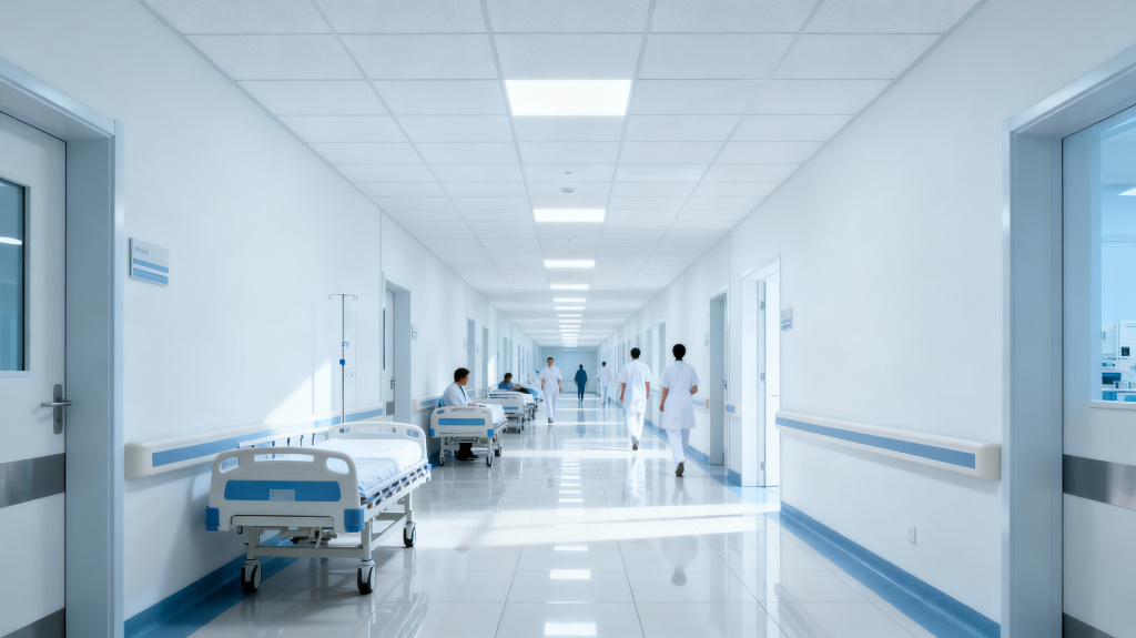 Акустические плиты Xellma Acoustic для больниц: перфорация поглощает эхо в коридорах и палатах.