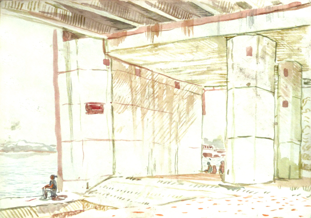 Пресняков М. А. Под причалом на затоне. 2015г., бум., акв., 29,6х42,2