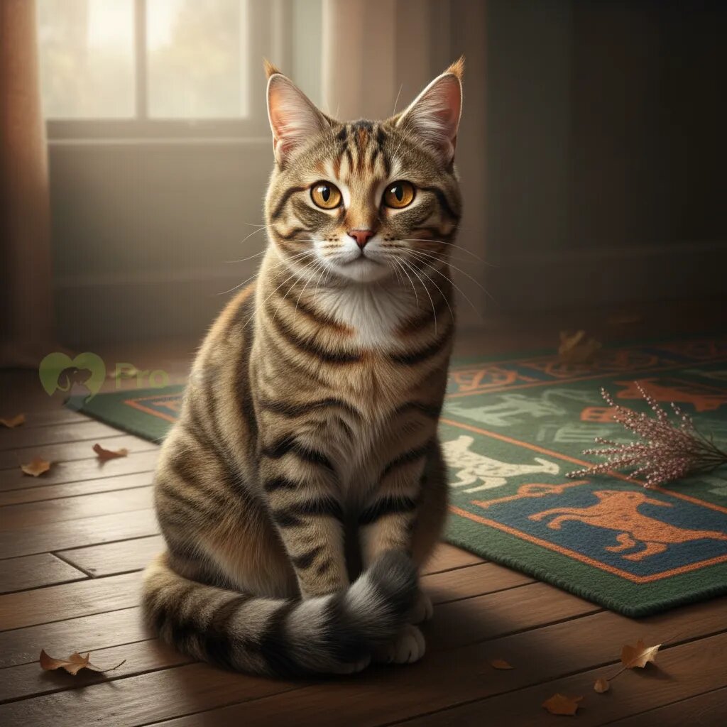 Кельтская кошка табби окраса сидит на деревянном полу