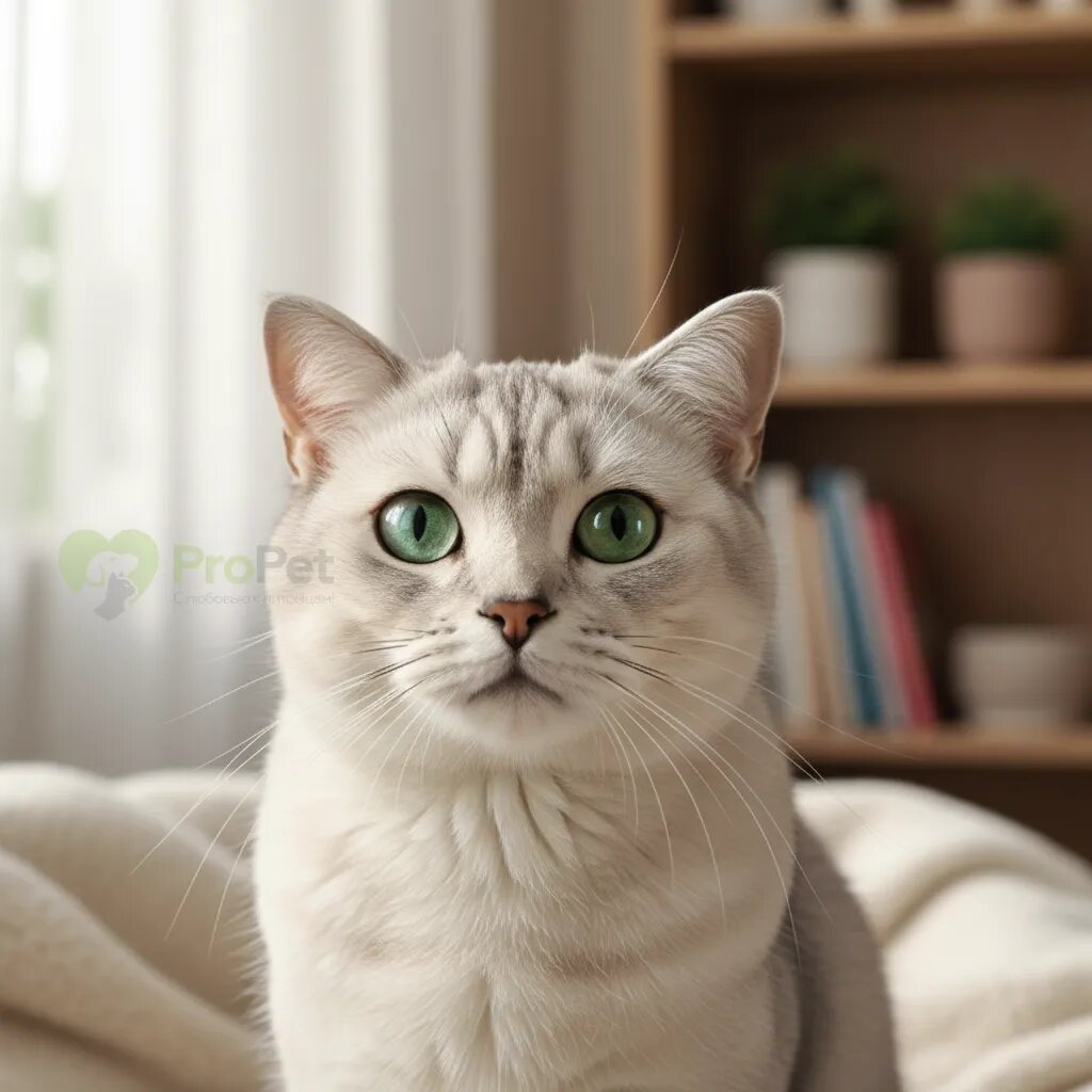 Шотландский страйт окраса серебристая шиншилла смотрит в камеру