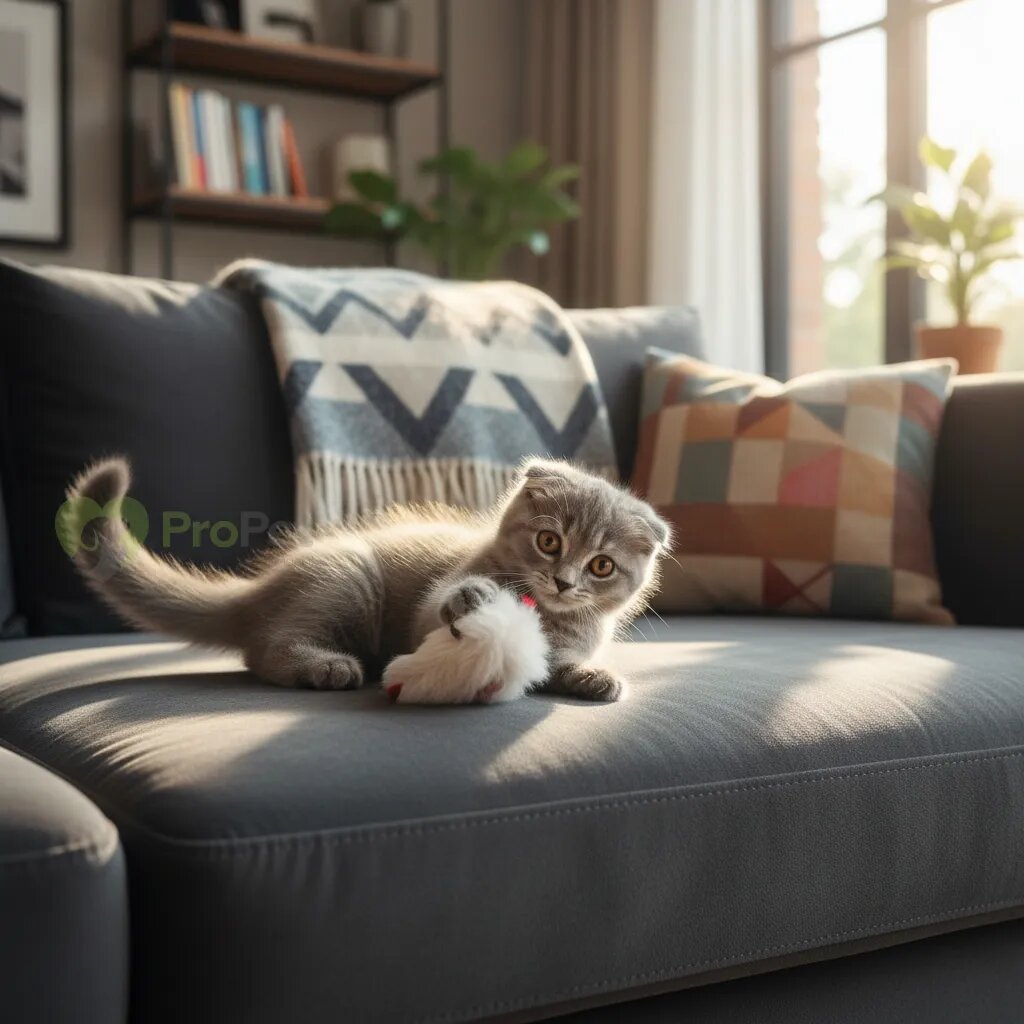 Серый котенок шотландского страйта играет на диване