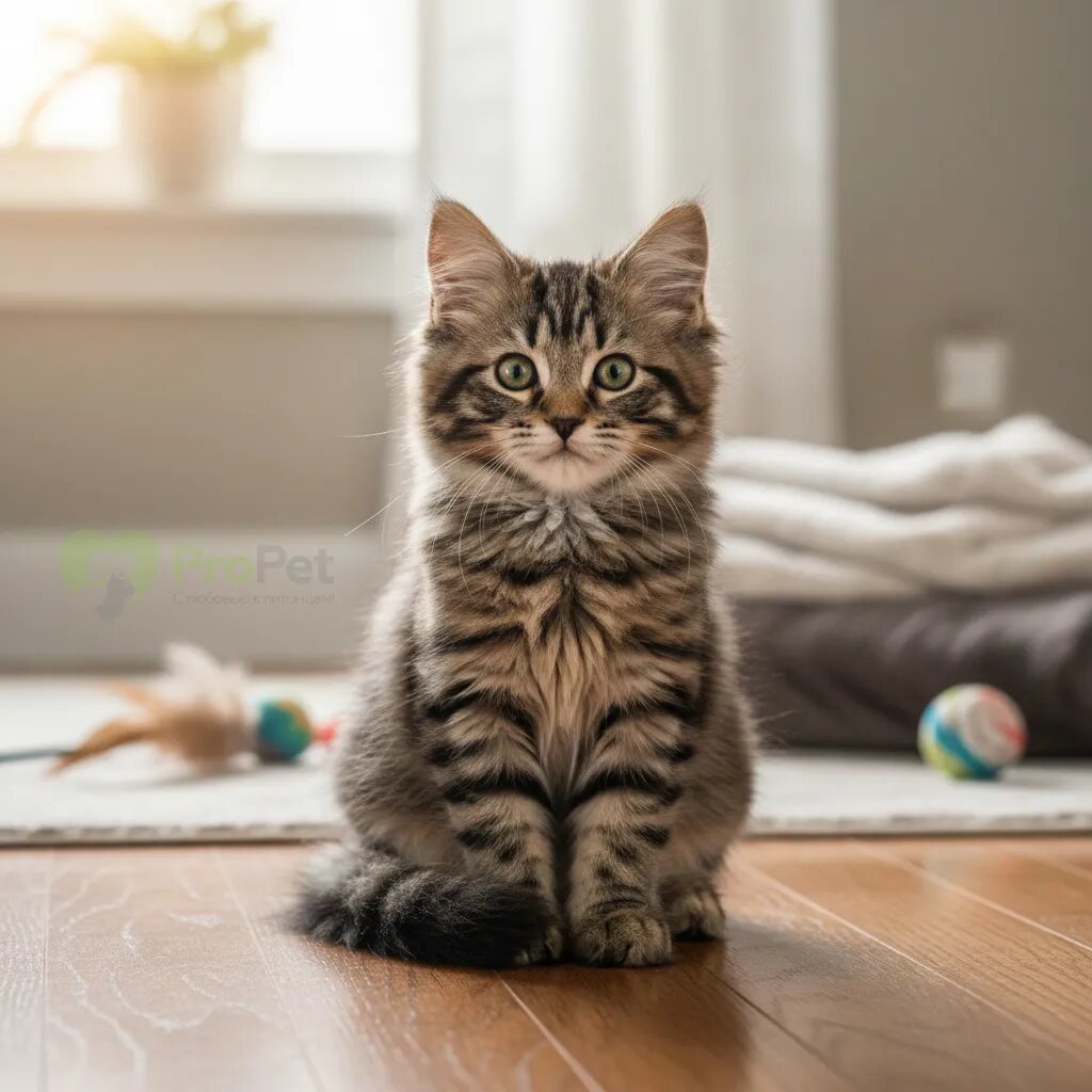 Котенок рагамаффин окраса табби сидит на полу
