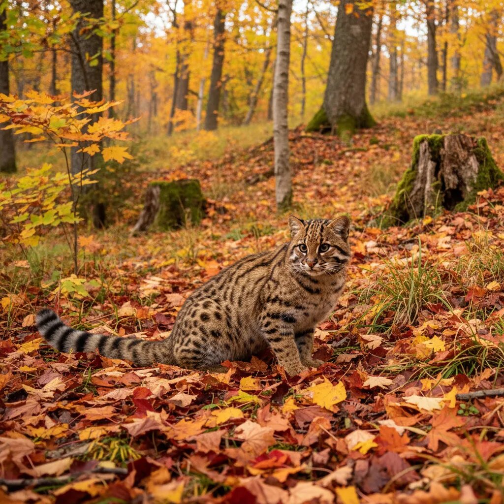 Уссурийская кошка в естественной среде на фоне осенней листвы