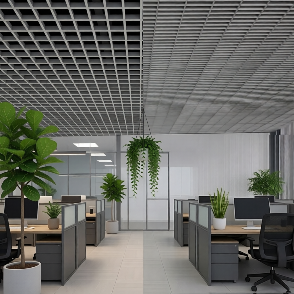 Слева - потолок грильято, справа - потолок грильято-жалюзи