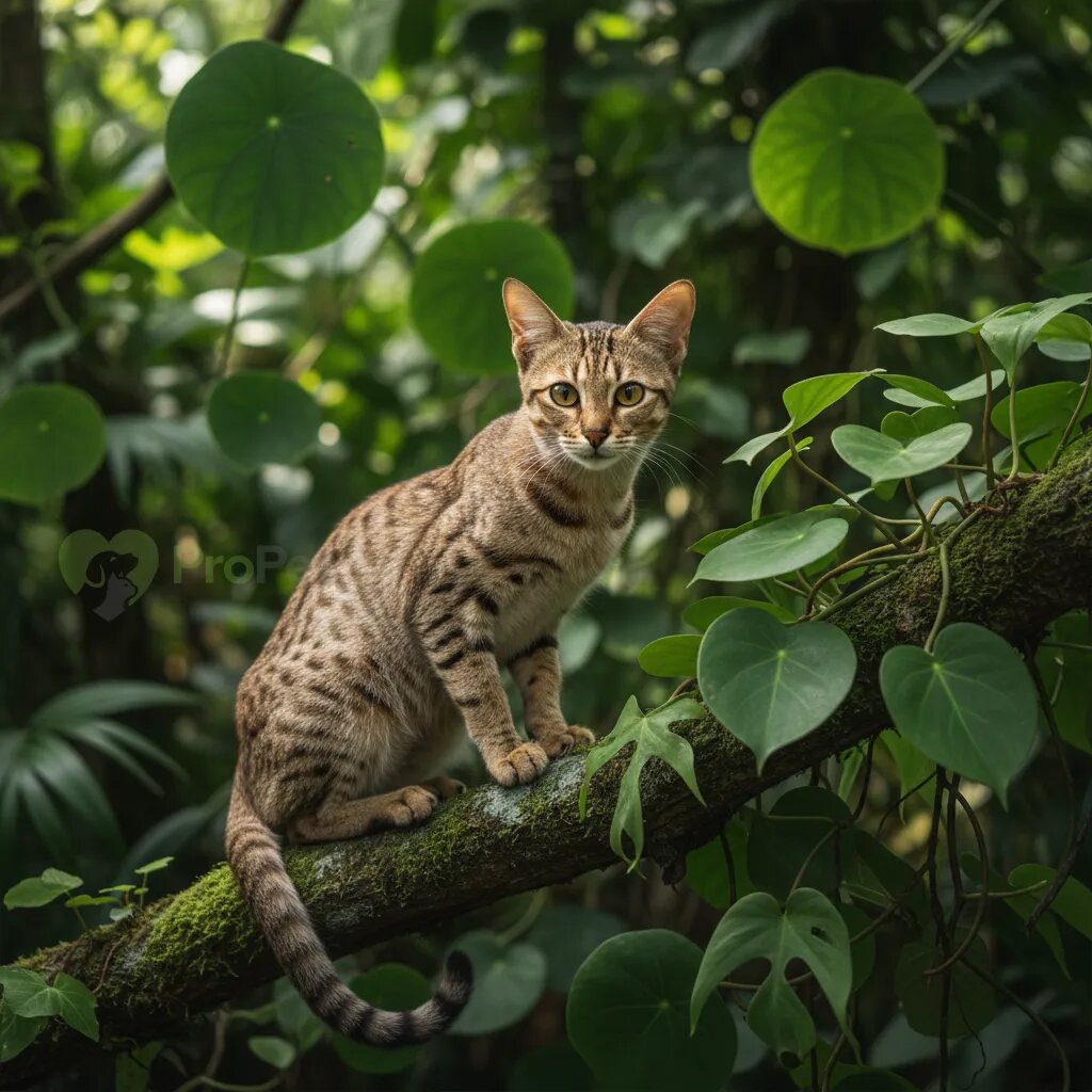 Цейлонская кошка сидит на фоне зелени