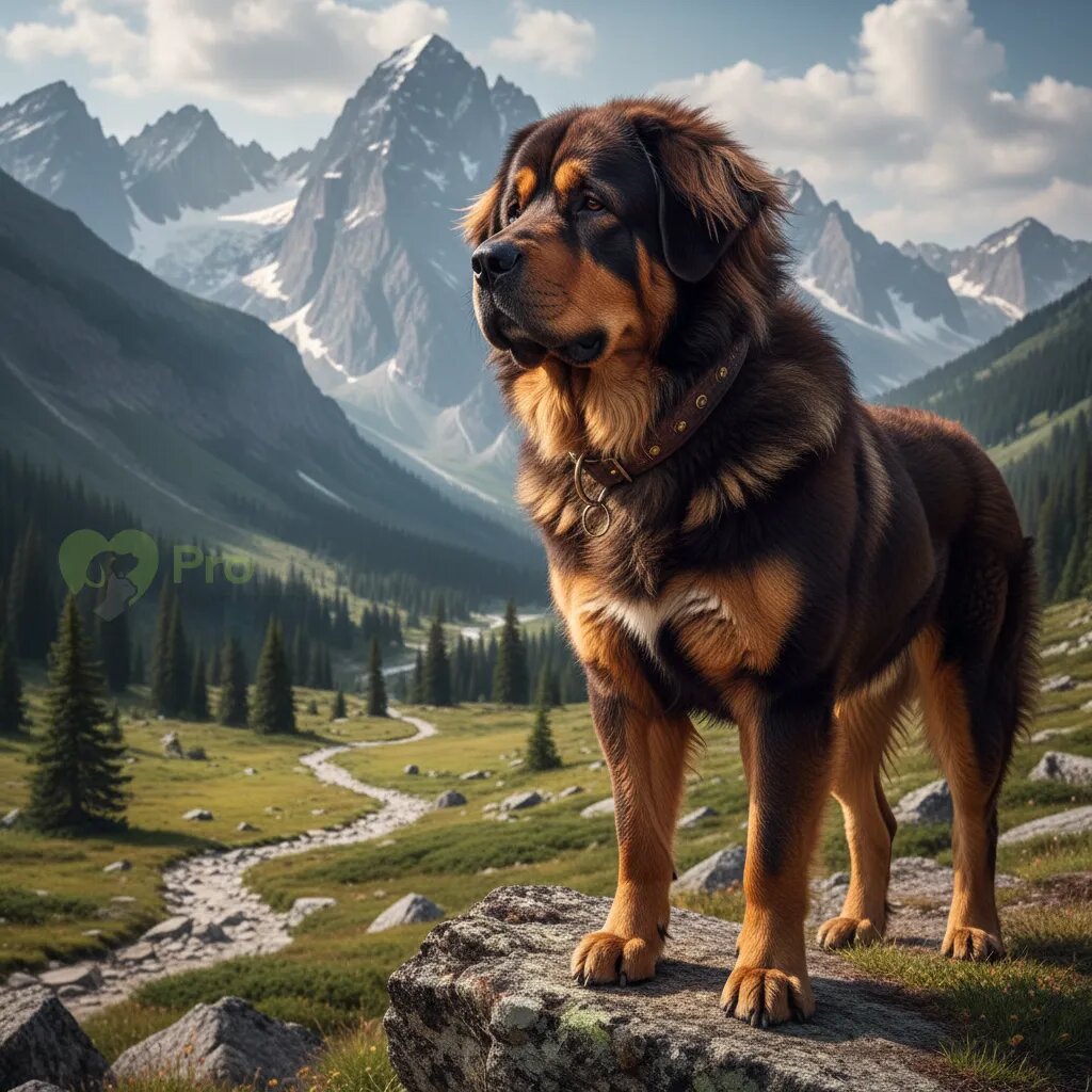 Величественный тибетский мастиф на фоне горного пейзажа.