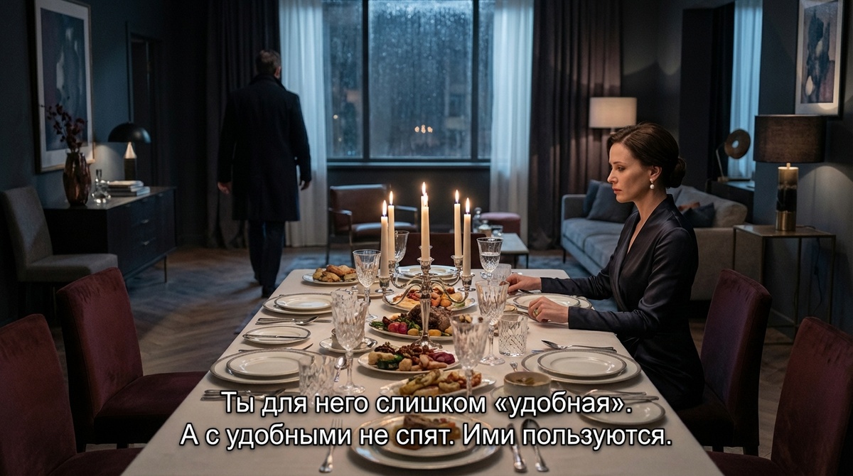 Одинокая женщина за идеальным столом. Символ скуки в браке и нецелованной жены. Тихая роскошь, стиль Давида.