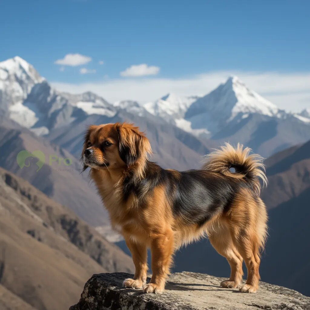 Тибетский спаниель в профиль на фоне гор