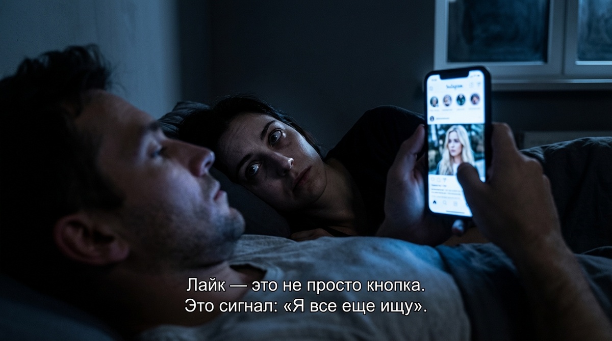 Мужчина листает соцсети в постели рядом с женой. Виртуальная измена и цифровой холод в отношениях. Стиль тихая роскошь.
