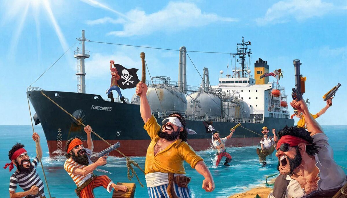 Квалификация действий зависит от флага. Если захватчики подняли "Весёлого Роджера", то это пиратский разбой. Если флаг принадлежит государству, то это военная (полицейская) операция. Иллюстрация сгенерирована ГигаЧат.   