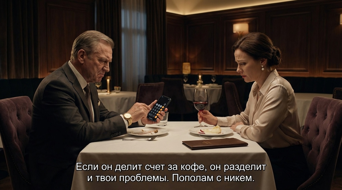Мужчина с калькулятором в ресторане высчитывает счет. Жадный мужчина и пополамщик. Отношения 50 на 50. Стиль Давида.