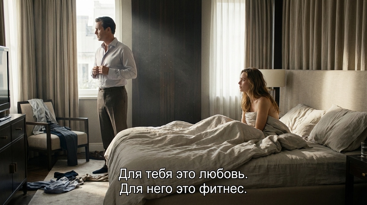 Мужчина одевается после ночи с женщиной, собираясь уходить. Иллюстрация отношений без обязательств и секса по дружбе. Стиль Давида.