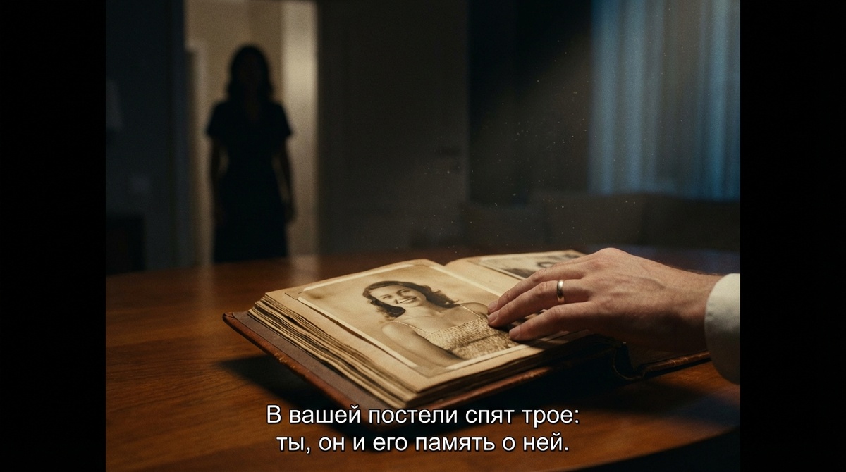 Мужчина смотрит старые фото бывшей девушки, пока жена наблюдает. Измена эмоциональная и незакрытый гештальт. Стиль Давида.