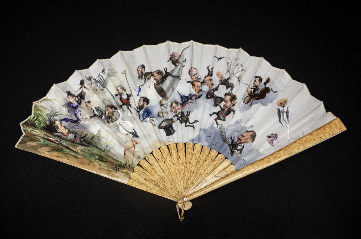 Веер. Санкт-Петербург, 1884 г. Шёлк, тесьма, дерево, латунь, перламутр; акварель