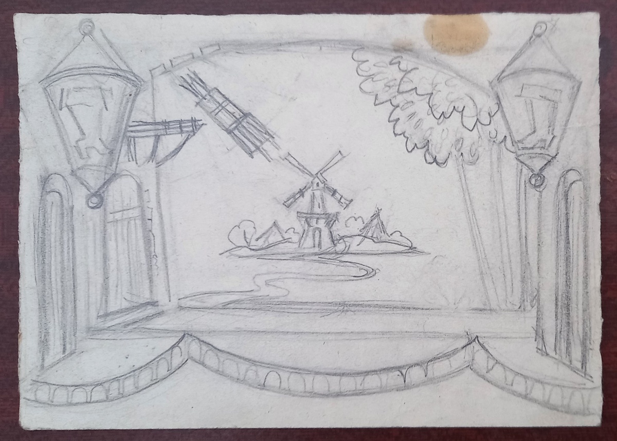 1968 г.. Художник Н. А. Блинов. Набросок эскиза для спектакля Свердловского ТЮЗа "Кот в сапогах". Бумага (размер 14,8х20,9 см), карандаш. Из архива автора.