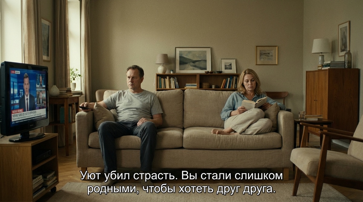 Муж и жена сидят на диване далеко друг от друга. Синдром соседа и скука в браке. Отношения без секса. Стиль Давида.