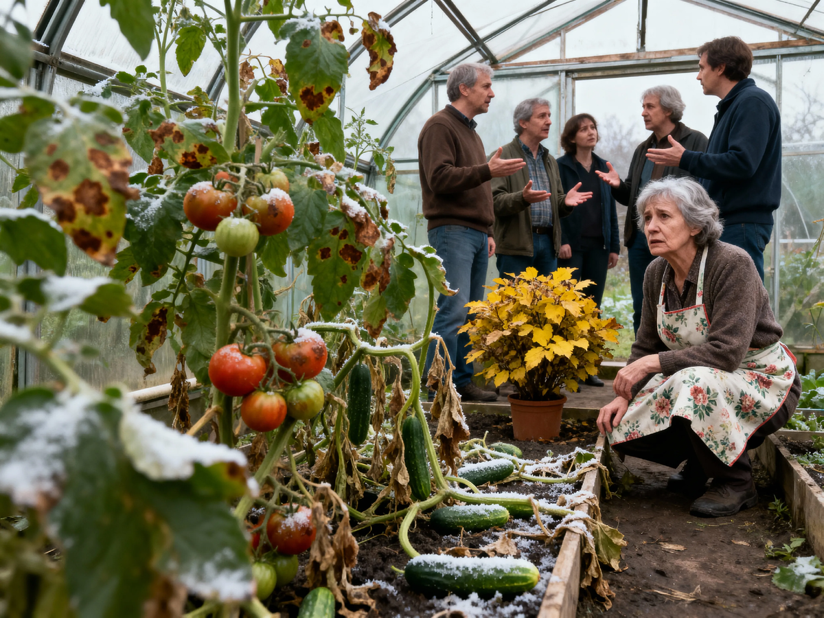 В тот самый день, когда наши помидоры решили, что они — осенние листья, а теплица превратилась в лазарет. 🌧️🍂