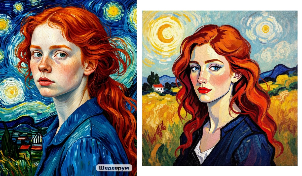  «Шедевруме» / FusionBrain и  NightCafe Studio  пишем «Портрет девушки с рыжими волосами, взгляд в сторону, энергичные вихревые мазки, в стиле Ван Гога»