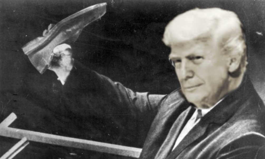   Выступление Трампа на юбилейной сессии сравнили с эпатажным выступлением Никиты Хрущева. Фото: коллаж "Блокнота"