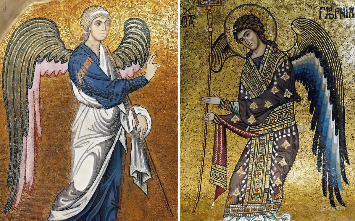 Слева – ангел в хитоне и гиматии, фрагмент византийской мозаики в монастыре Дафни, XII век, Греция. Справа – архангел Гавриил с лабарумом, византийская мозаика собора Марторана, XII век, Сицилия