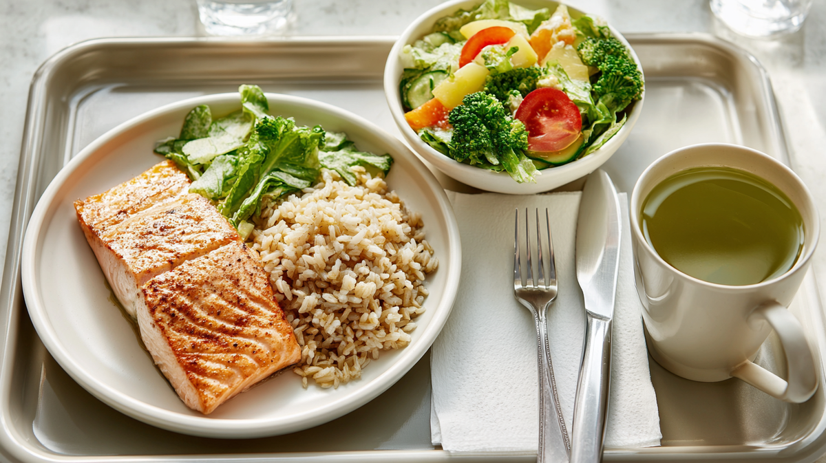 В столовой можно взять запеченую рыбу, бурый рис и большую порцию свежего салата